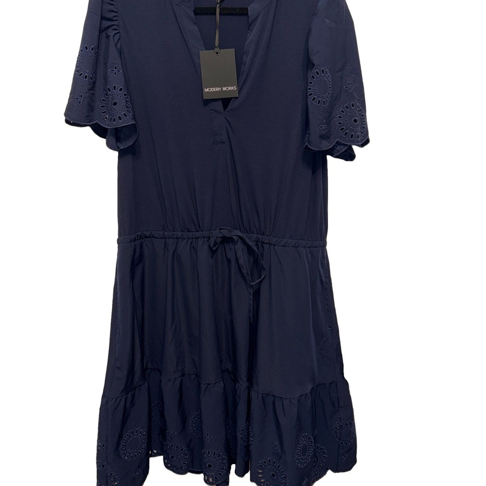 Modern Works Women's Dress Navy Coastal‎ Preppy Puff Sleeve Eyelet Plus Size 1X